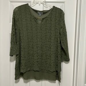 JM Collection 3/4 length sleeve Olive green lace overlay blouse layered under L